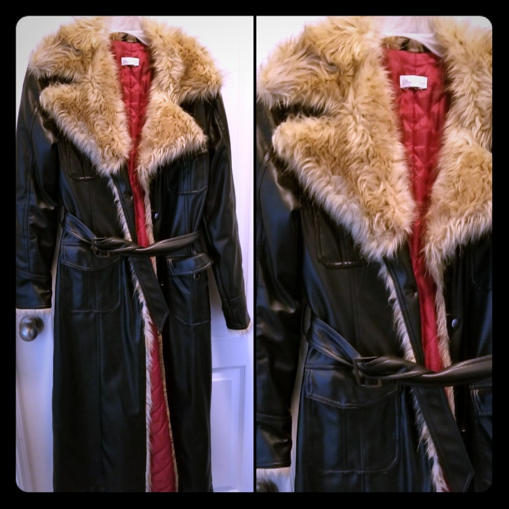 Faux leather coat with faux fur trim